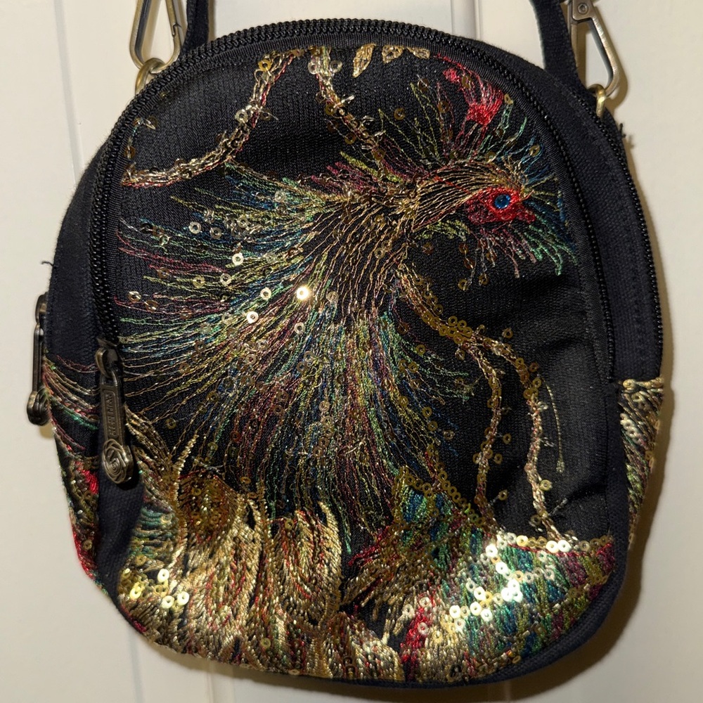 Embroidered Sequin Crossbody Bag 3 zip compartments top handle vintage unique